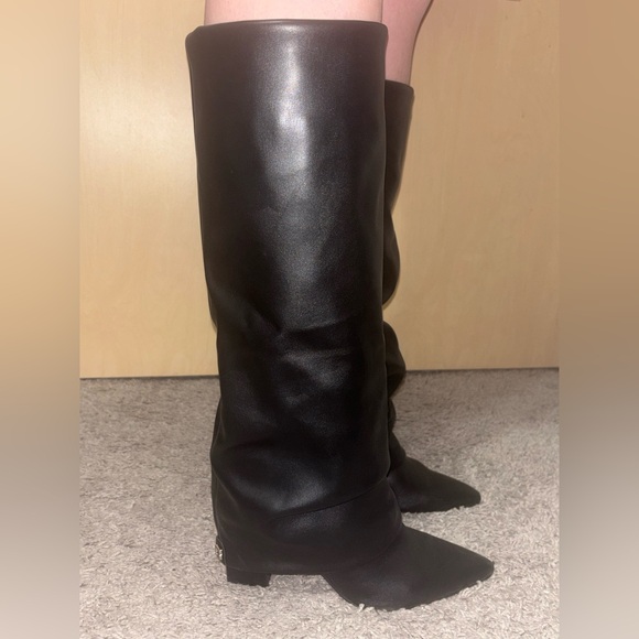 women's geima knee-high foldover slouch tall block heel dress boots MODENCOCO Black Fold Over Knee High Wedge Pointed Toe Ruched Slouchy Pleated Wide Calf for Women Size 7 Flats and so on for women Women's Fold Over Boots Chunky